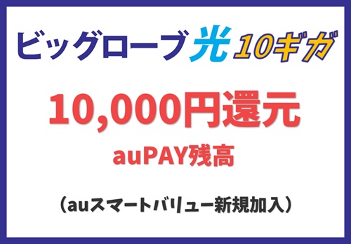 【auスマートバリューに新規加入】au PAY残高を最大10,000円還元【ビッグローブ光10ギガキャンペーン】