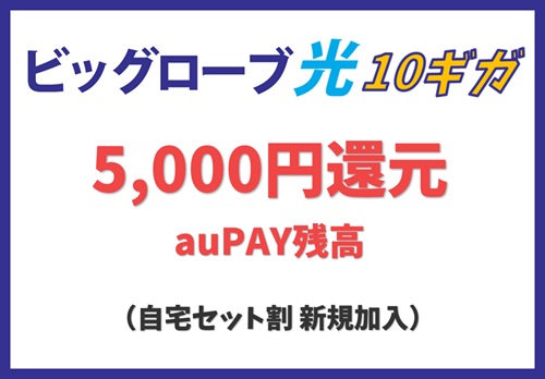 【自宅セット割に新規加入】auPAY残高を最大5,000円還元【ビッグローブ光10ギガキャンペーン】