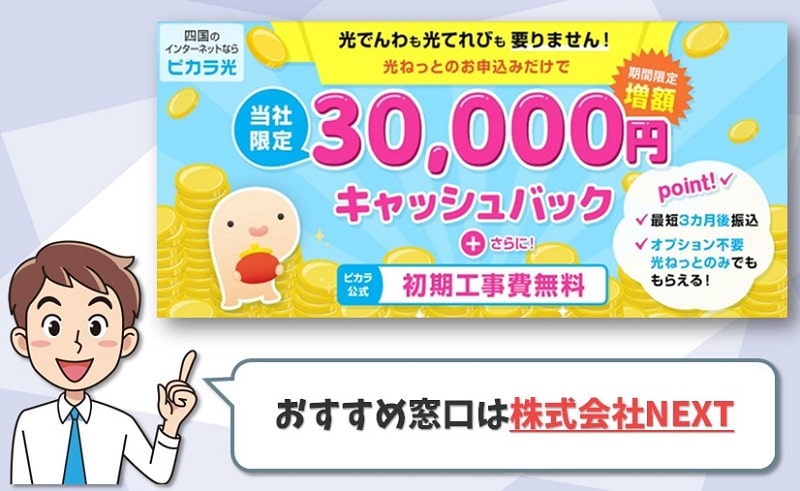 ピカラ光は代理店NEXTのキャッシュバックが1番お得！