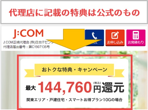 JCOMの代理店に記載がある表記は公式サイトのものです