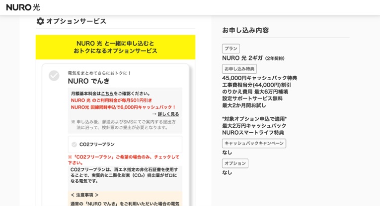 NUROでんきとNUROガスのオプション選択画面
