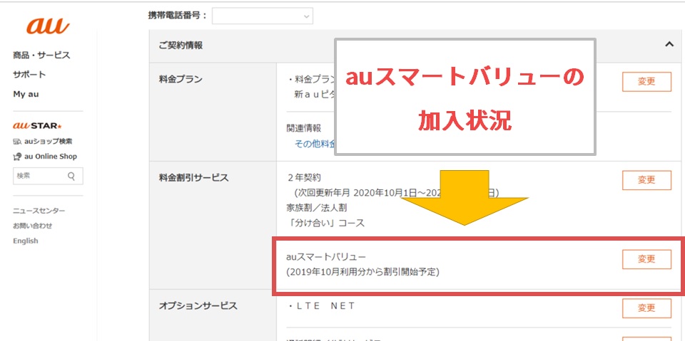 J:COMのauスマートバリューの加入状況を確認した結果