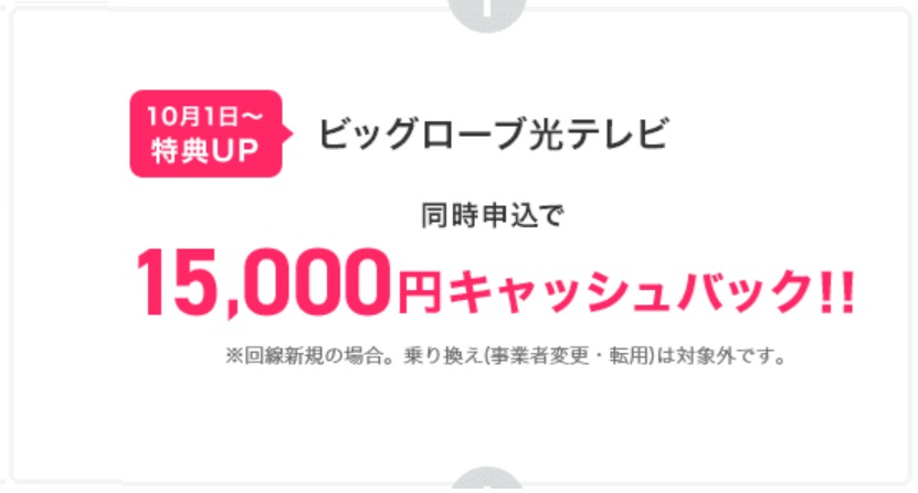 ビッグローブ光テレビ同時申込で15,000円