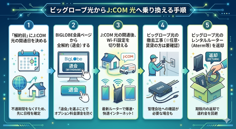 ビッグローブ光からJCOM 光へ乗り換える手順をまとめた一枚絵