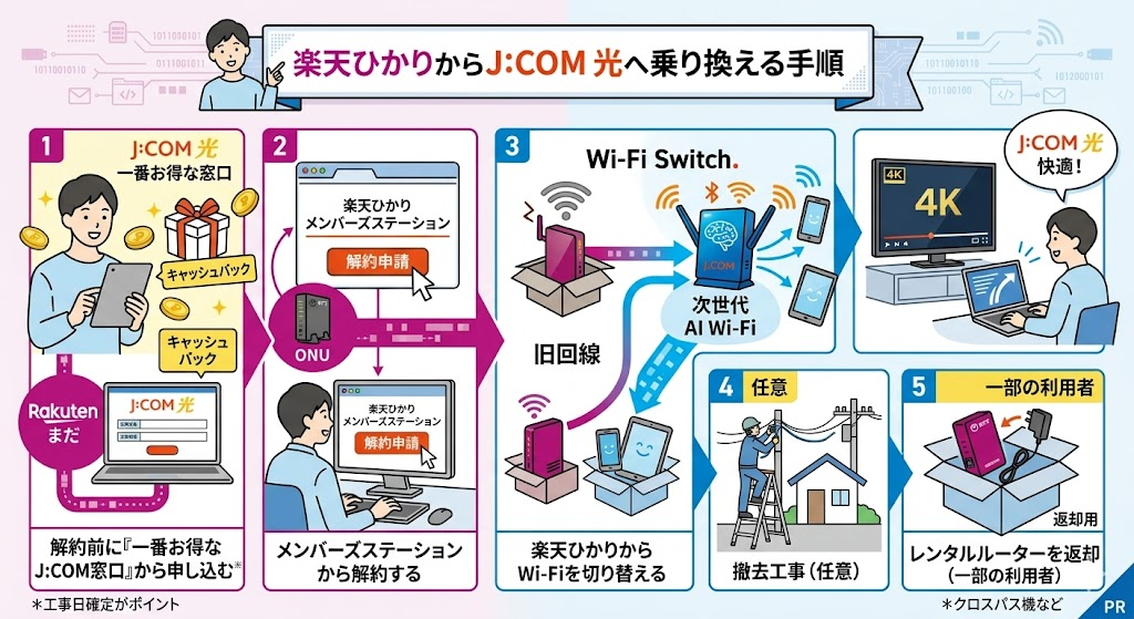 楽天ひかりからJCOM 光へ乗り換える手順（5ステップ）を表す一枚絵