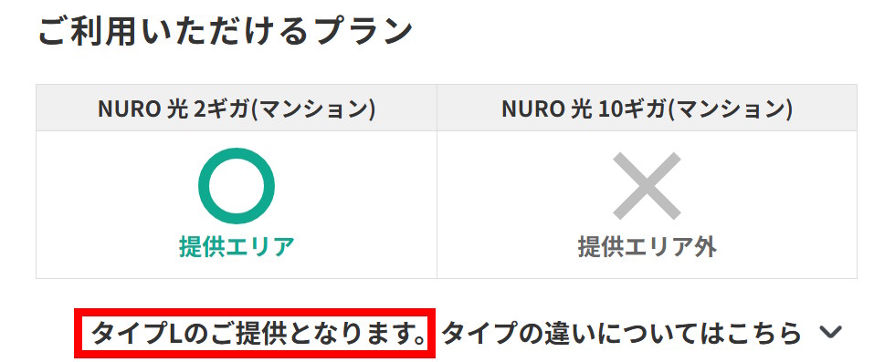 「タイプL」と表示されればNURO設備導入済み