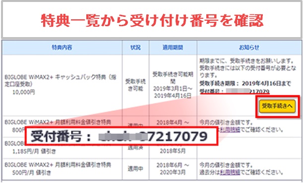 BIGLOBEマイページの特典一覧画面から受け付け番号を確認する